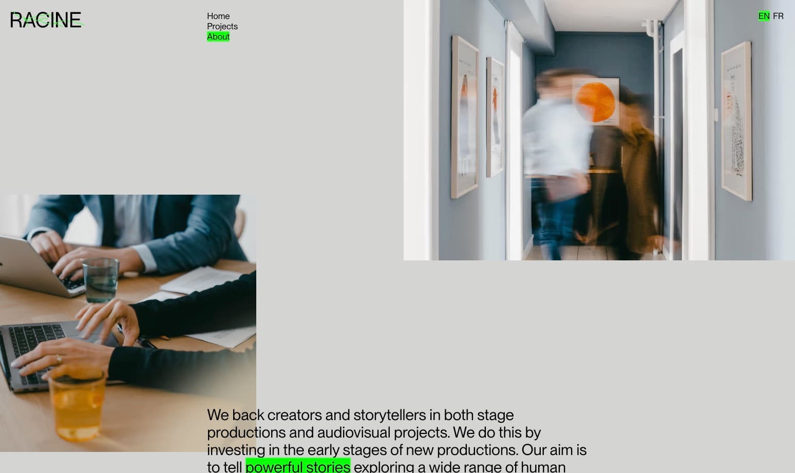 Screenshot of racine website on a mackbook mockup